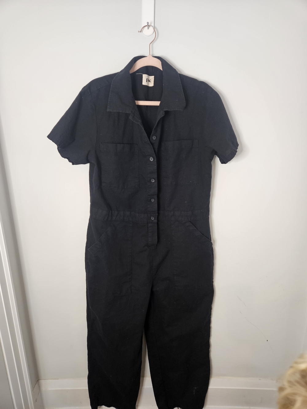 Black Short-Sleeve Utility Linen/Hemp  Jumpsuit
